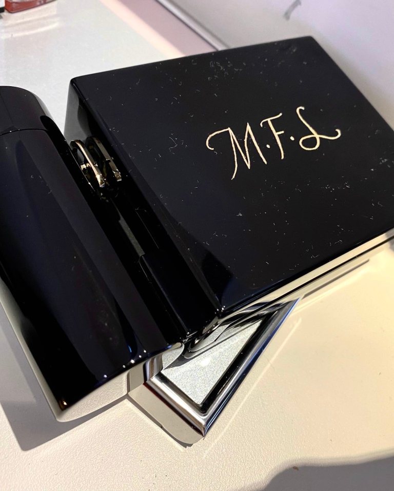 Dior makeup clutch personalised calligraphy engraved York north yorkshire 768x957