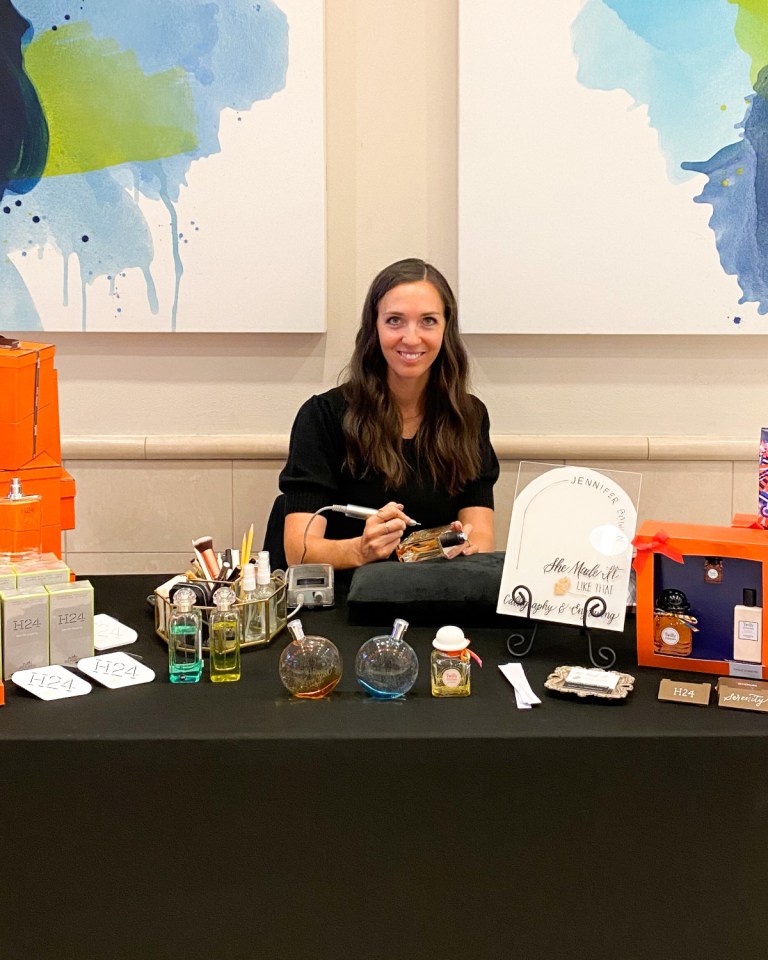 Jen Houston In Store Live Event Brand Activation Calligrapher Engrapher on Hermes at Nordstrom 768x960