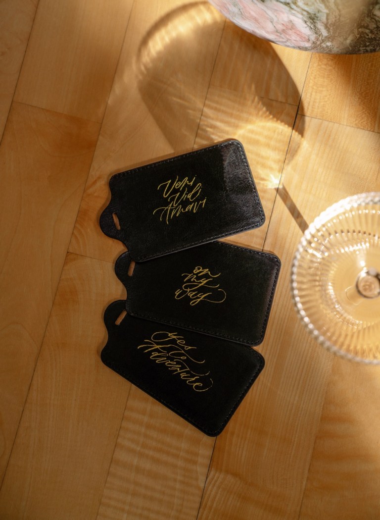 Leather Luggage Tags Gold Foiling Ink and Rhythm Calligraphy 768x1050