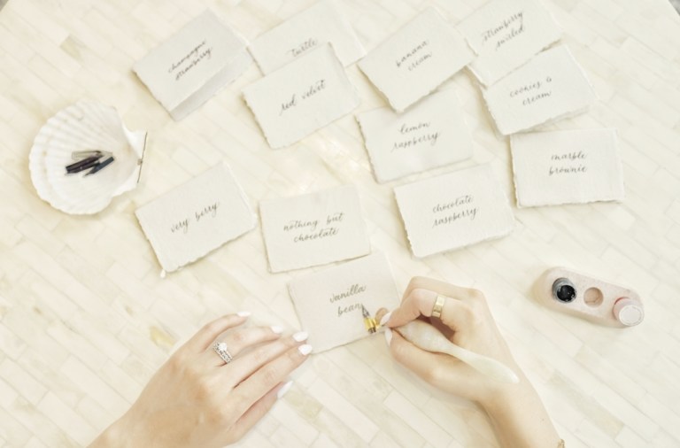 calligraphy on handmade paper black ink wedding day of details dessert table 768x506