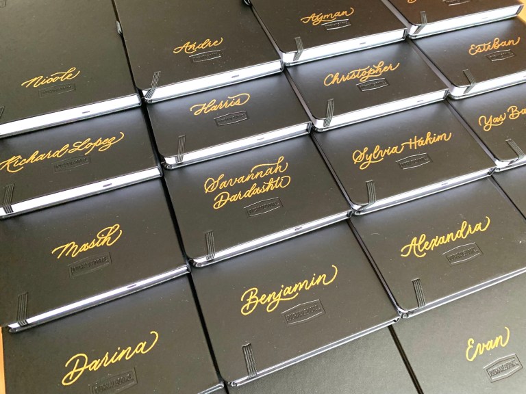 Hot foiling on leather notebooks- David Yurman