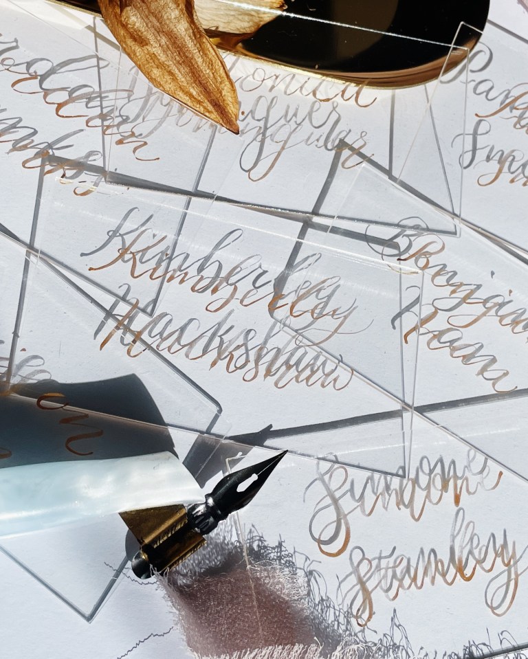 Transparent acrylic calligraphy place cards wedding 768x959