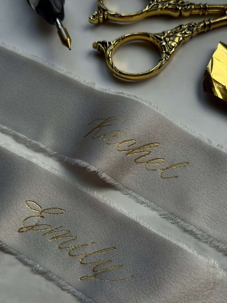 calligraphy silk ribbon place cards gold lettering heirloom ink studio 768x1024